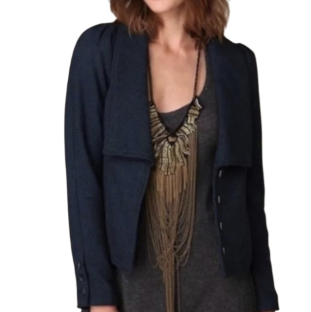 Free People 4 Teal Herringbone TVD Fitted Blazer Jacket Wool Twee